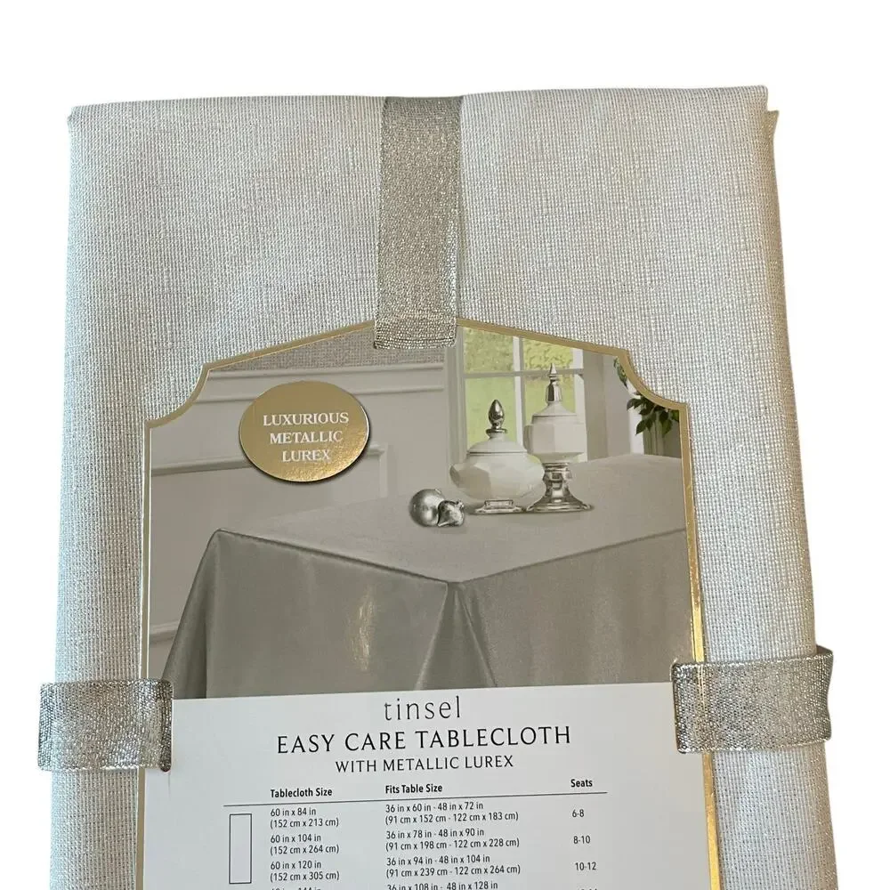Colordrift White Shimmering Tablecloth 60inx120in Easy Care Holiday Glam NEW